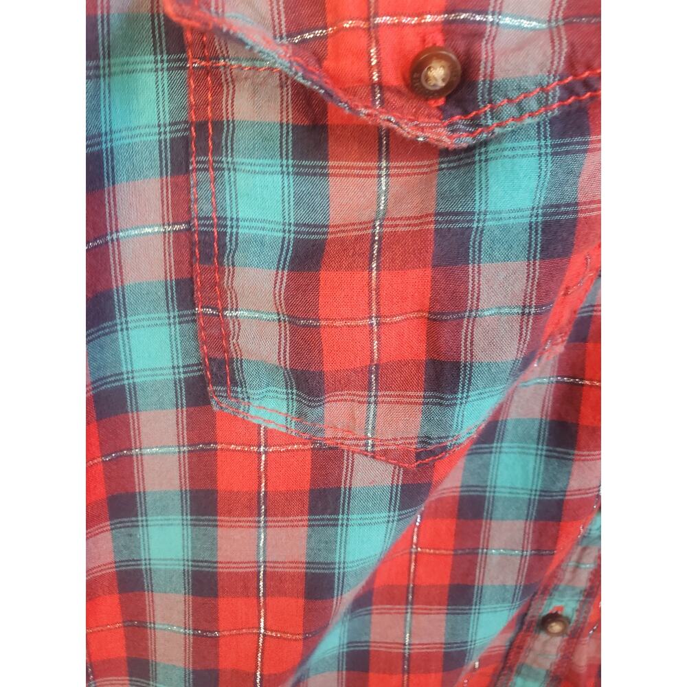 Hollister Women's Size L Green, Red & Metallic Button Up Plaid Western Shirt - Picture 5 of 6
